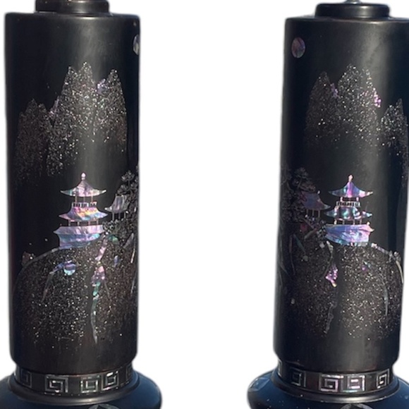 RARE SET OF 2 HOLLYWOOD REGENCY BLACK LAQUER MOTHER OF PEARL INLAY TABLE LAMP - Picture 3 of 16